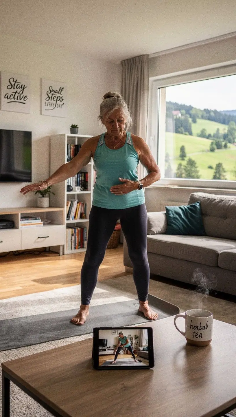 Rovnovážne cvičenie s použitím stoličky pre bezpečnosť starších účastníkov.