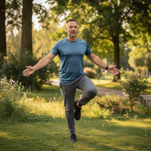 Starší človek cvičiaci doma s pomôckami na zlepšenie rovnováhy.