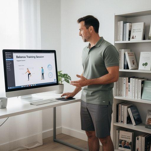 Osoba využívajúca stoličku na podporu pri cvičení na zlepšenie stability.