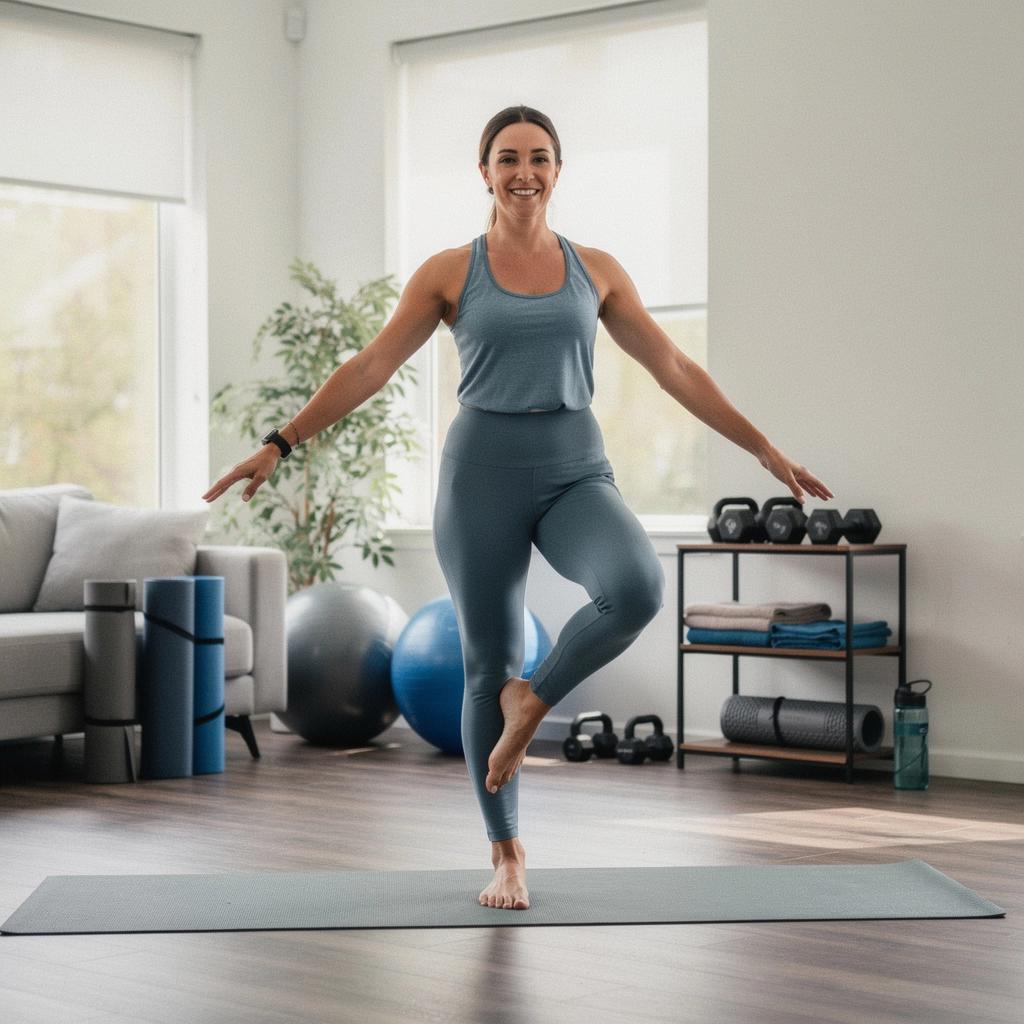 Rôzne cvičebné pomôcky rozložené na podlahe v obývacej izbe.